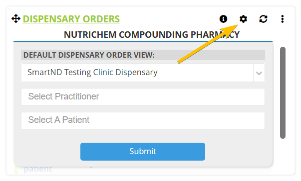 How to adjust the filtering settings on the dispensary orders dashboard card.  Shows the dispensary dashboard card options for a regular dispensary with an arrow pointing towards the settings icon which opens up the settings panel.